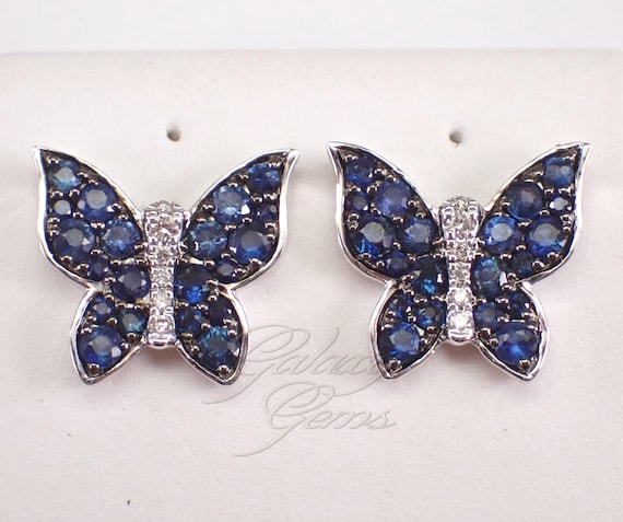 14K White Gold Sapphire Stud Earrings: Diamond Butterfly Gemstone Studs