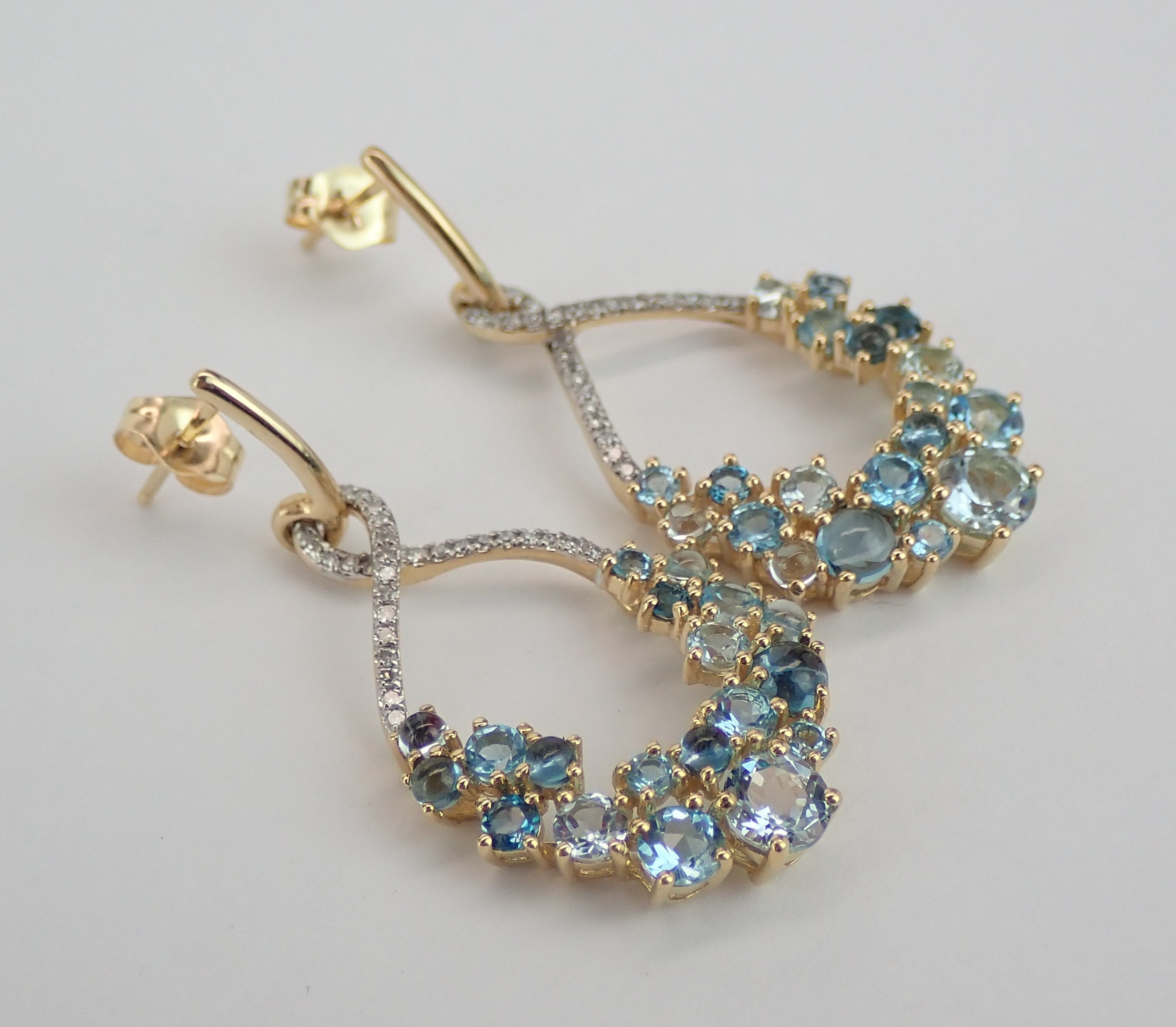 14K Yellow Gold Diamond and Blue Topaz Dangle Drop Earrings Multi Color ...