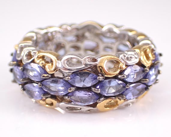 Vintage Sterling Silver Tanzanite Eternity Ring: Two Tone Gemstone Wedding Anniversary Band