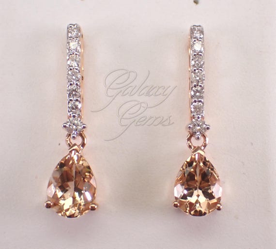 14K Rose Gold Morganite and Diamond Earrings: Teardrop Pink Gemstone Dangle