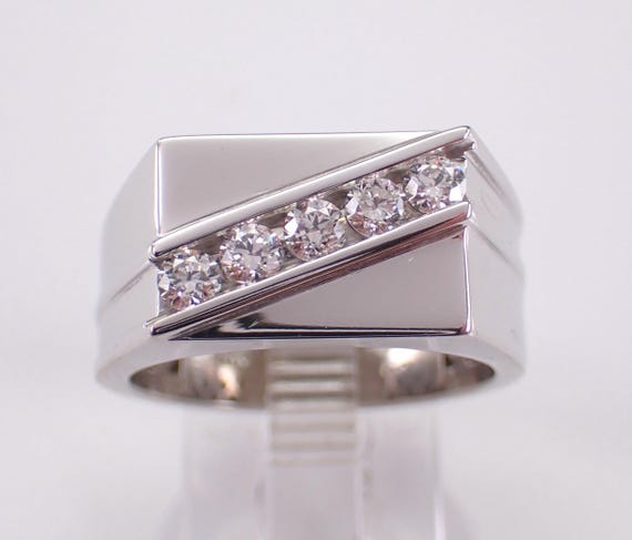 Mens Diamond Wedding Band - 14K White Gold Anniversary Ring for Him - Bridal Fine Jewelry Groom Gift