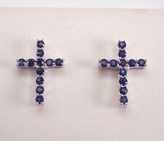 White Gold Sapphire Cross Stud Earrings - Dainty Gemstone Screwback Studs - Religious Fine Jewelry Gift
