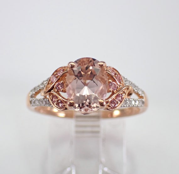 14k Rose Gold Morganite Ring - Diamond and Pink Tourmaline Setting - Dainty Gemstone Bridal Jewelry Gift