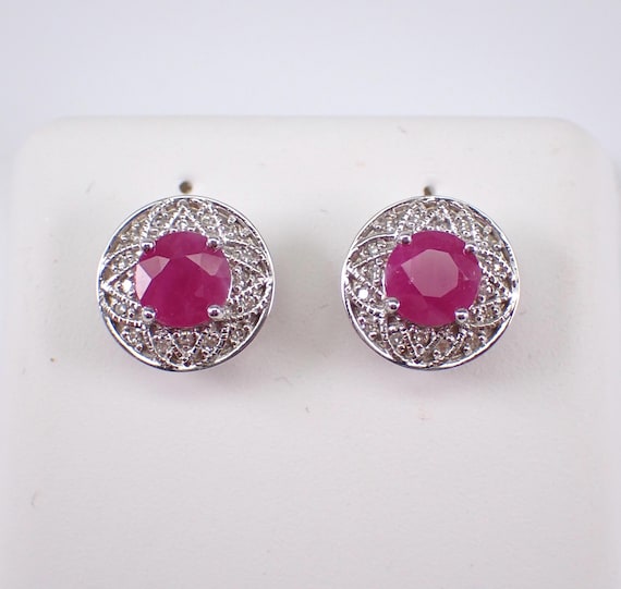 14k White Gold Ruby Stud Earrings - Vintage Style Diamond Halo Setting - July Birthstone Fine Jewelry Gift for Her