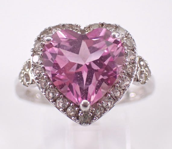 Sterling Silver Pink Heart Engagement Ring: Cubic Zirconia Halo Promise Band
