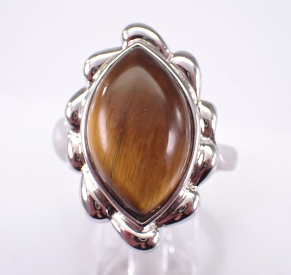 Sterling Silver Tigers Eye Ring - Simple Solitaire Gemstone Band - GalaxyGems Unique Wedding Anniversary Jewelry Gift