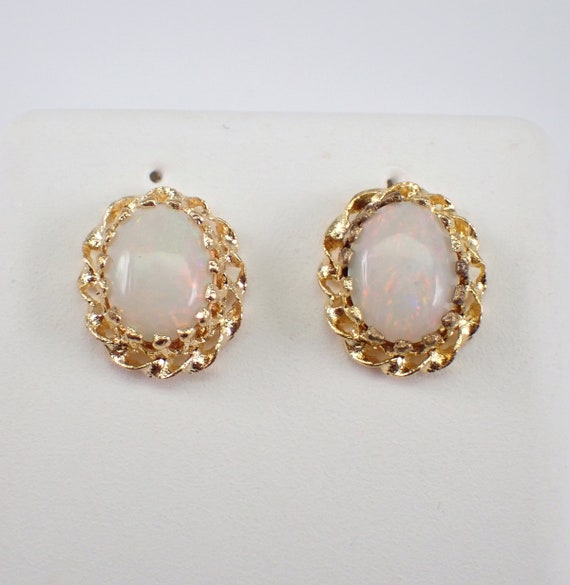 Antique Opal Stud Earrings - Vintage 14K Yellow Gold Studs - October Birthstone Jewelry Gift
