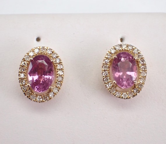 Yellow Gold Pink Sapphire Earrings: Dainty Diamond Halo Screwback Studs