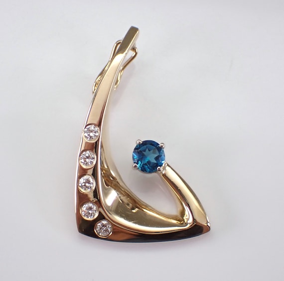 14K Yellow Gold Diamond and Blue Topaz Enhancer Pendant, Large Unique Estate Charm Slide for Omega Necklace