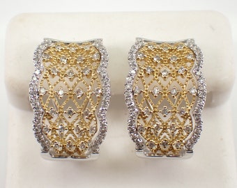 White and Yellow Gold Diamond Hoop Earrings: Two Tone Lacy Filigree Drops