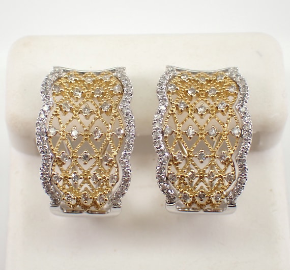 White and Yellow Gold Diamond Earrings - Two Tone Filigree Ornate Drops - Secure Omega Clasp Closure