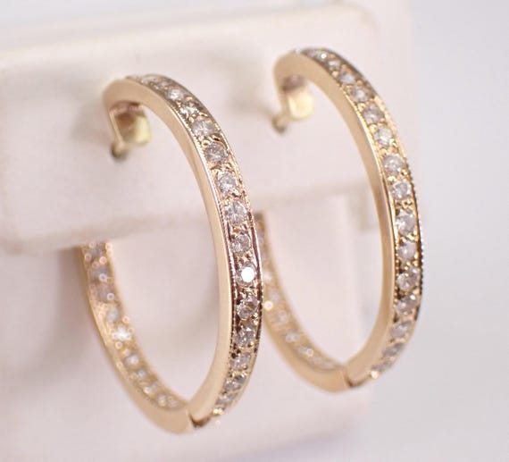 14K Yellow Gold Diamond Hoop Earrings: Estate Vintage Medium In and Out Huggies