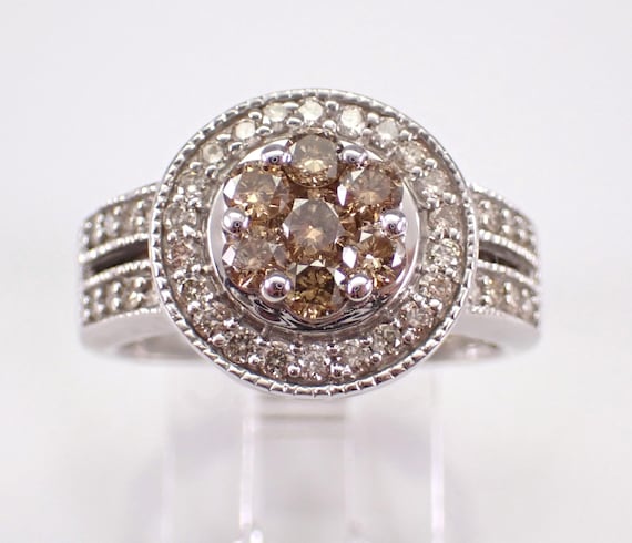 14K White Gold Brown Diamond Engagement Ring - Diamond Halo Cluster Double Row Band - Unique Bridal Fine Jewelry Gift