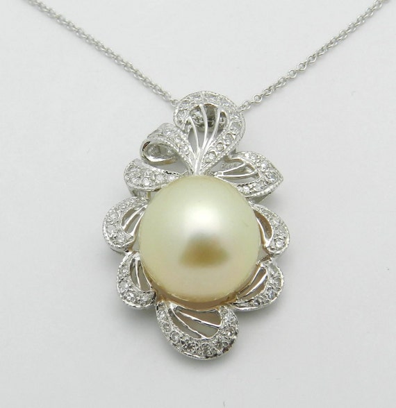Golden South Sea Pearl Necklace - 18K White Gold Diamond Set Pendant and Chain - Unique Fine Jewelry Gift