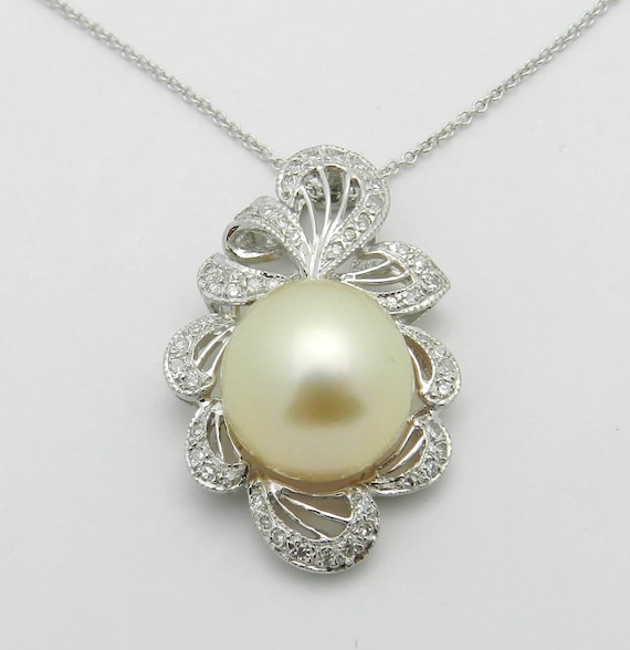 Golden South Sea Pearl Necklace - 18K White Gold Diamond Set Pendant and Chain - Unique Fine Jewelry Gift