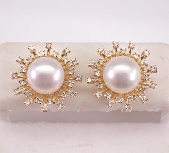 Pearl and Diamond Stud Earrings - 14K Yellow Gold Dainty Halo Studs - June Birthstone Starburst Jewelry Gift