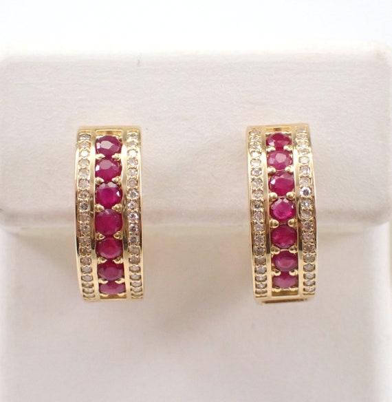 Ruby and Diamond Hoop Earrings - 14K Yellow Gold Gemstone Hoops - July Birthstone Fine Jewelry Gift