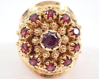 Vintage Garnet Birthstone Ring - 14K Yellow Gold Unique Cluster Setting - Estate Gemstone Fine Jewelry Gift