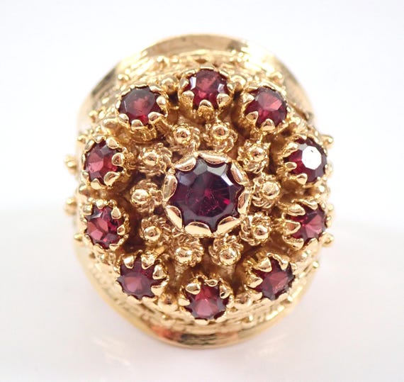 Vintage Garnet Birthstone Ring - 14K Yellow Gold Unique Cluster Setting - Estate Gemstone Fine Jewelry Gift