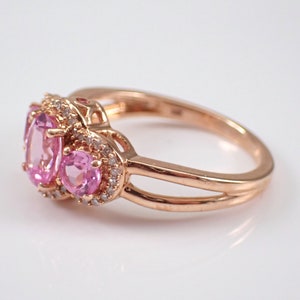 14K Rose Gold Pink Topaz Ring Three Stone Diamond Halo Anniversary Band Unique Bridal Wedding Gift image 6