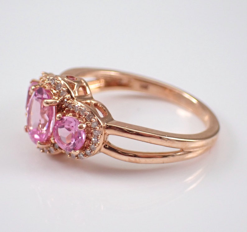 14K Rose Gold Pink Topaz Ring Three Stone Diamond Halo Anniversary Band Unique Bridal Wedding Gift image 6