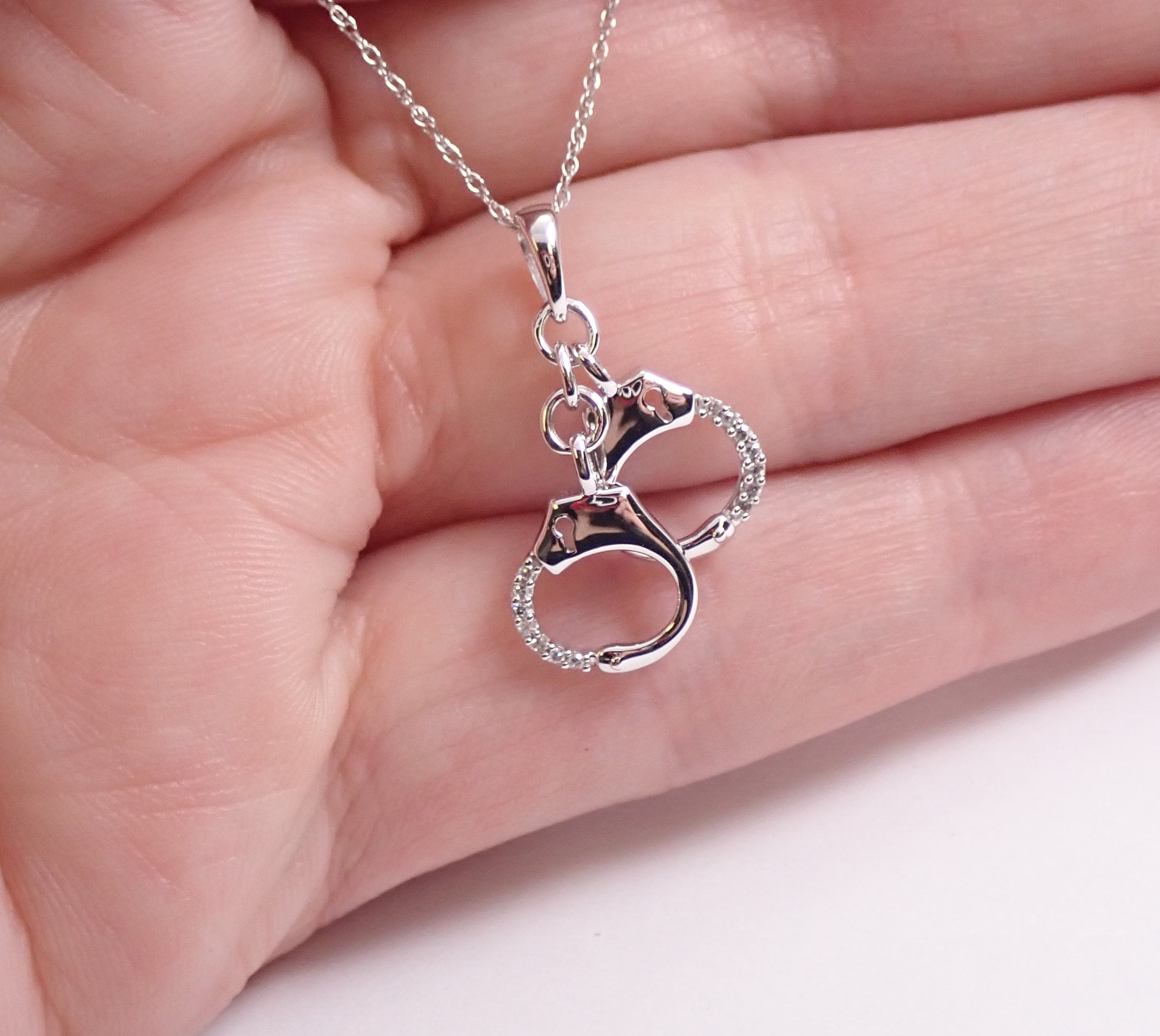 Diamond Handcuffs Pendant 14K White Gold Necklace Chain 18 Police Charm