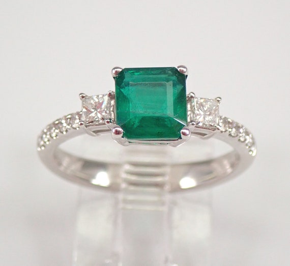 Emerald and Diamond Engagement Ring - 18k White Gold Anniversary Band - Three Stone Square Gemstone Jewelry Gift