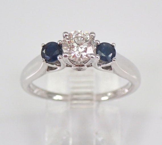 14K White Gold Sapphire and Diamond Ring - Three Stone Engagement Setting Band - Unique Bridal Fine Jewelry Gift