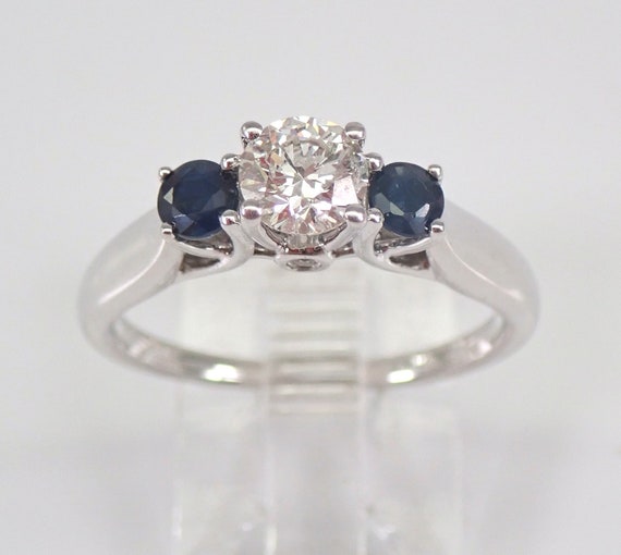 Three Stone Sapphire and Diamond Ring, 14K White Gold Engagement Ring