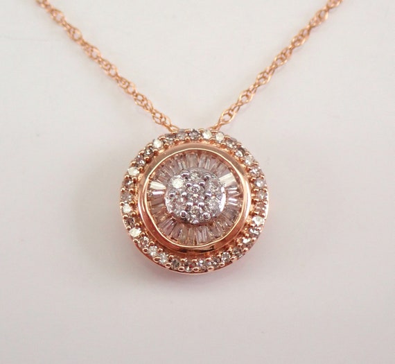 Rose Gold Diamond Pendant and Chain - Solitaire Halo Baguette Cluster Necklace - Dainty Little Round Slide Charm
