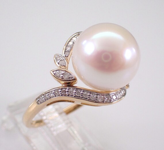 14K Yellow Gold Pearl Engagement Ring, Bridal Diamond Halo Setting, June Birthstone Gemstone Jewelry Gift
