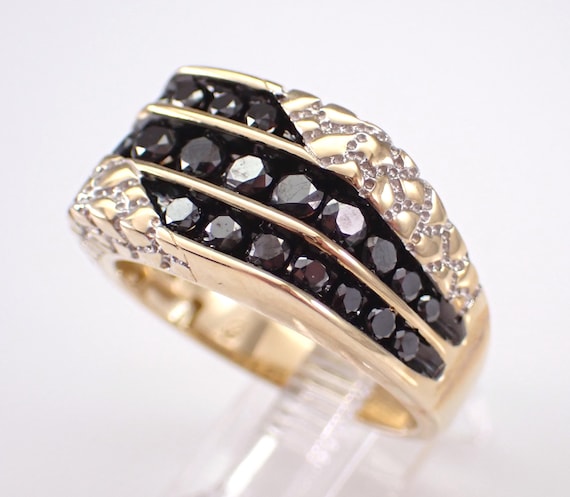 Mens Black Diamond Wedding Ring - Yellow Gold Bridal Anniversary Band for Him - Fine Jewelry Groom Gift