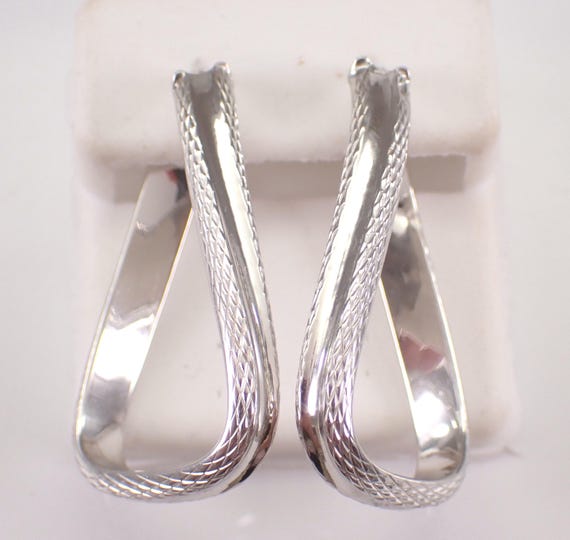 Vintage 14K White Gold Hoop Earrings, Estate Chunky Unique Huggies