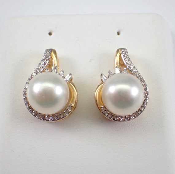 Pearl and Diamond Earrings - 14K Yellow Gold Unique Studs - June Birthstone Fine Jewelry Gift