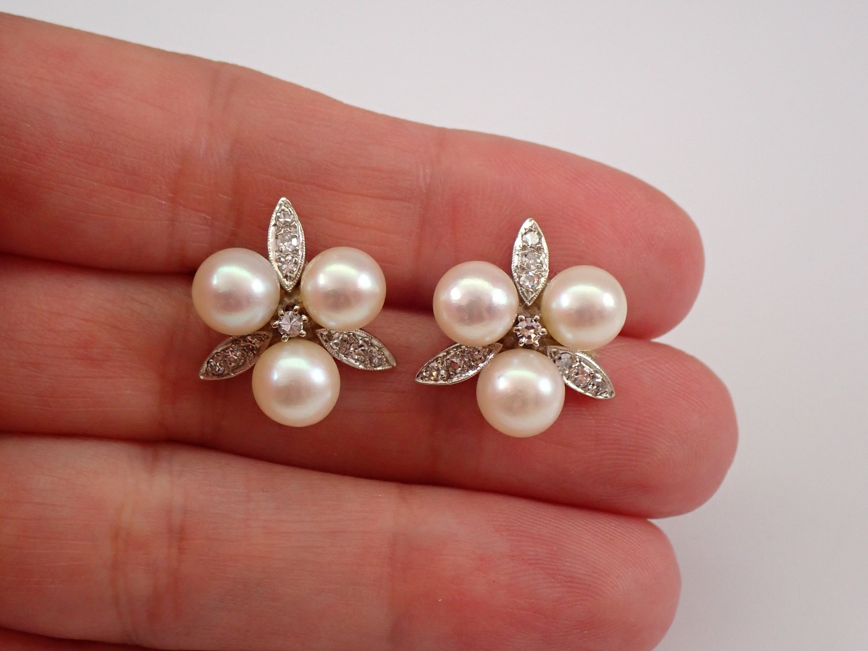 Antique 14K White Gold Pearl Earrings, Vintage Diamond