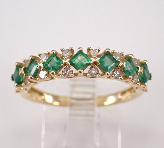 Emerald and Diamond Wedding Ring - 14k Yellow Gold Gemstone Princess Cut Band - Anniversary Birthstone Jewelry Gift