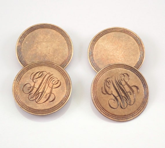 30s Antique 10K Yellow Gold Monogrammed Cufflinks - Round Engraved Disc Initial Script - Vintage Preowned Jewelry