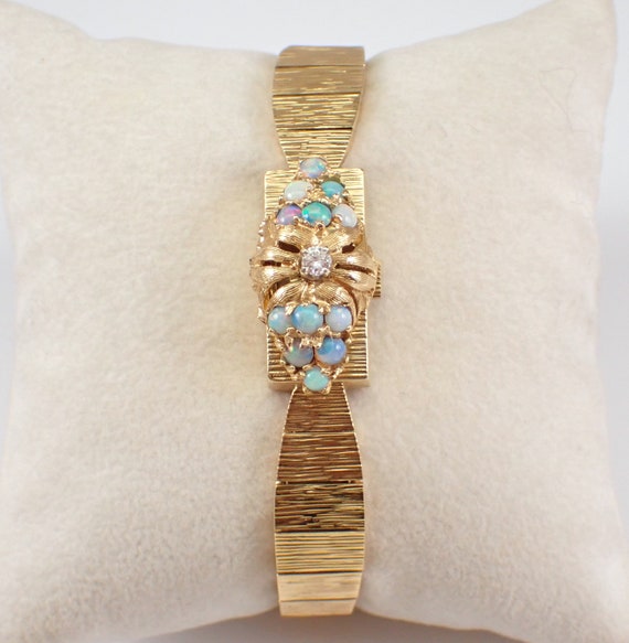 14K Yellow Gold Opal and Diamond Flip Watch - Vintage Geneva Wristwatch - Ladies Gemstone Bangle Link Bracelet