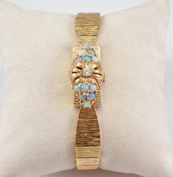 Antique Opal and Diamond Flip Watch - Vintage Geneva Wristwatch - Ladies Gemstone Bangle Link Bracelet