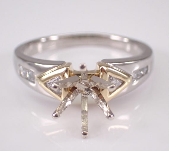 Platinum and 18K Gold Diamond Engagement Ring Setting: Trillion and Princess Cut Bridal Semi Mount