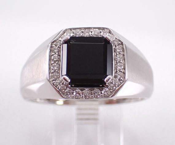 Mens 14K White Gold Onyx Ring - Diamond Halo Engagement Setting - Bridal Anniversary Promise Jewelry Gift