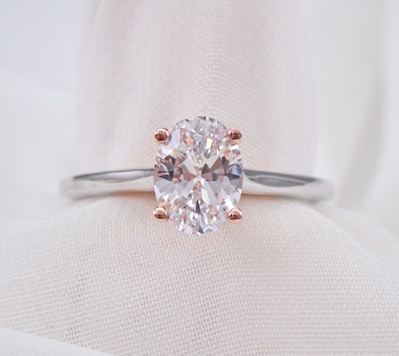 Oval Moissanite Solitaire Engagement Ring - 14K Two Tone Gold Dainty Setting - Simple Bridal Promise Ring - Rose and White Gold Bow Tie