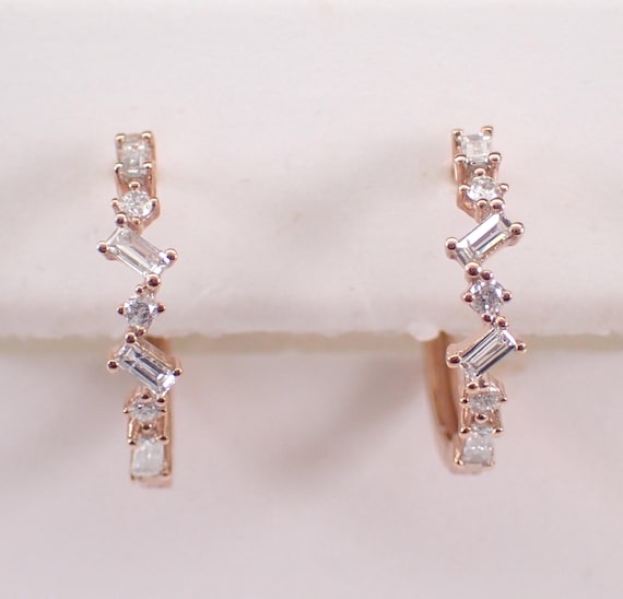 Rose Gold Baguette Diamond Hoop Earrings: Dainty Jewelry Gift