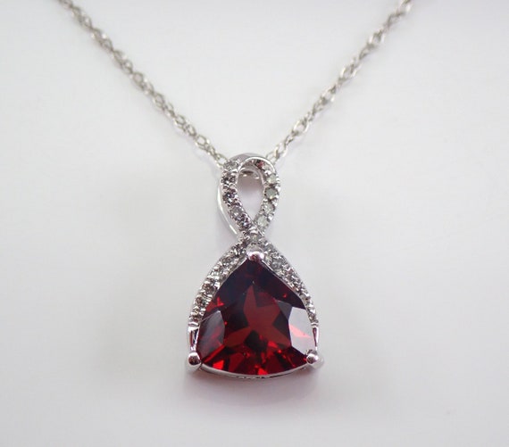 Trillion Garnet and Diamond Pendant Necklace, White Gold Genuine Gemstone Gift