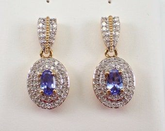 Tanzanite and Diamond Halo Earrings - Yellow Gold Gemstone Drop Studs - December Gemstone Fine Jewelry Gift
