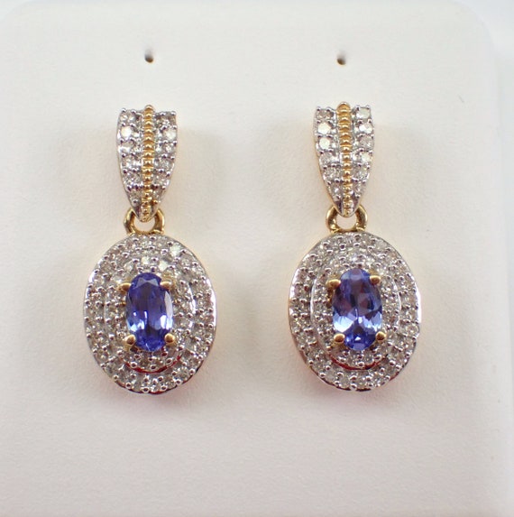 Tanzanite and Diamond Halo Earrings - Yellow Gold Gemstone Drop Studs - December Gemstone Fine Jewelry Gift