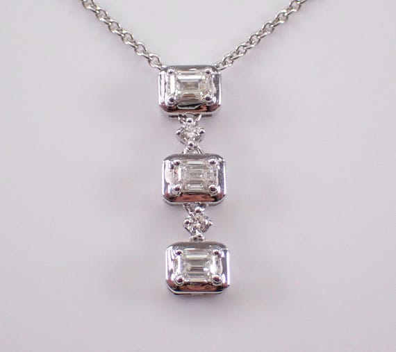 White Gold Diamond Station Necklace - Three Stone Dangle Charm Pendant and Chain - Unique Bridal Fine Jewelry Gift