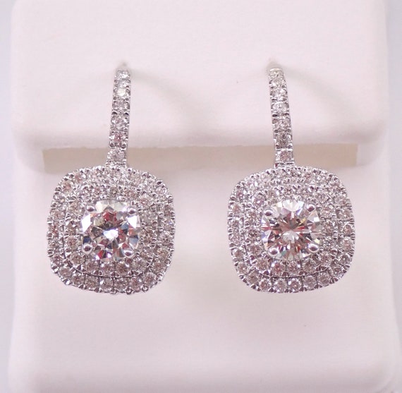 14K White Gold Diamond Earrings, Cushion Shape Halo Classic Drop, Secure Leverback Clasp, Luxury Fine Jewelry Gift