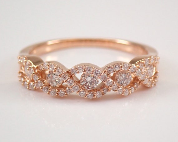 1/2ct Diamond Crossover Ring - 14K Rose Gold Wedding Anniversary Band - Unique Braided Criss Cross Design