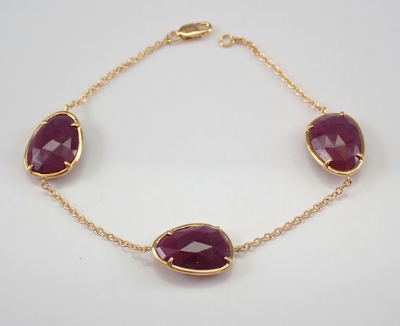 14K Yellow Gold Ruby Bracelet, Double Sided Station Chain Link, July Birthday Gemstone Fine Jewelry Gift
